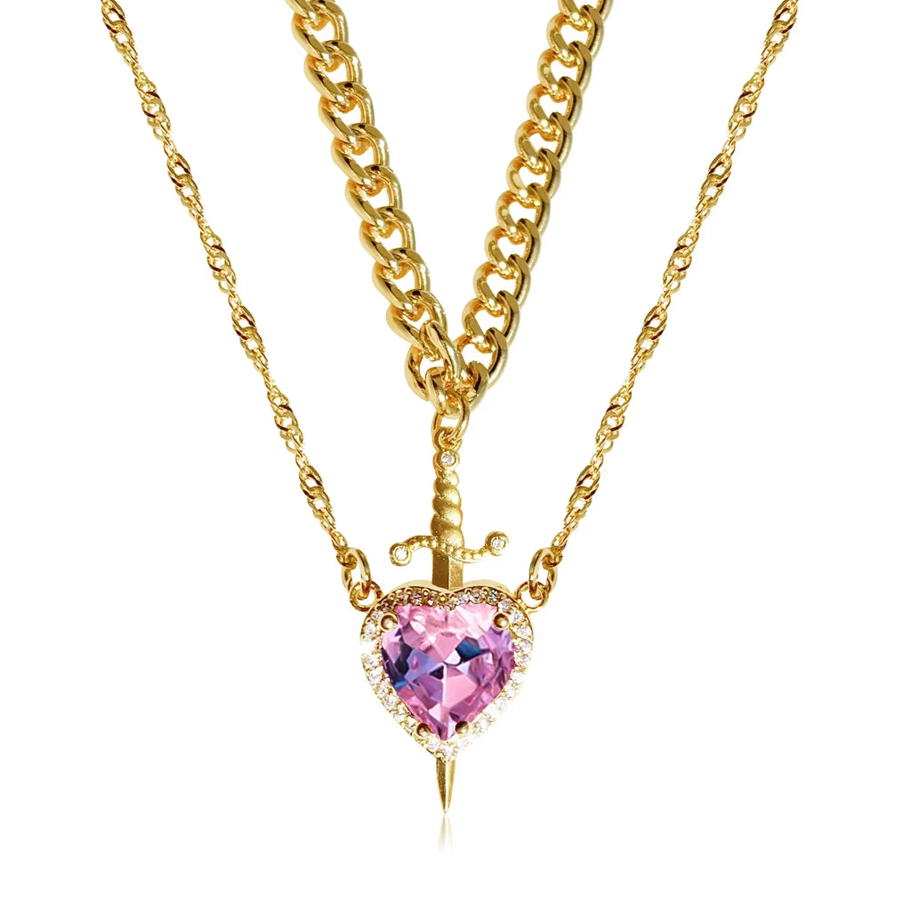 2Pcs Can Be Assembled Heart and Sword Zircon Pendant Necklace for Women Men Couple Silver Gold Plated Choker Chain Jewelry