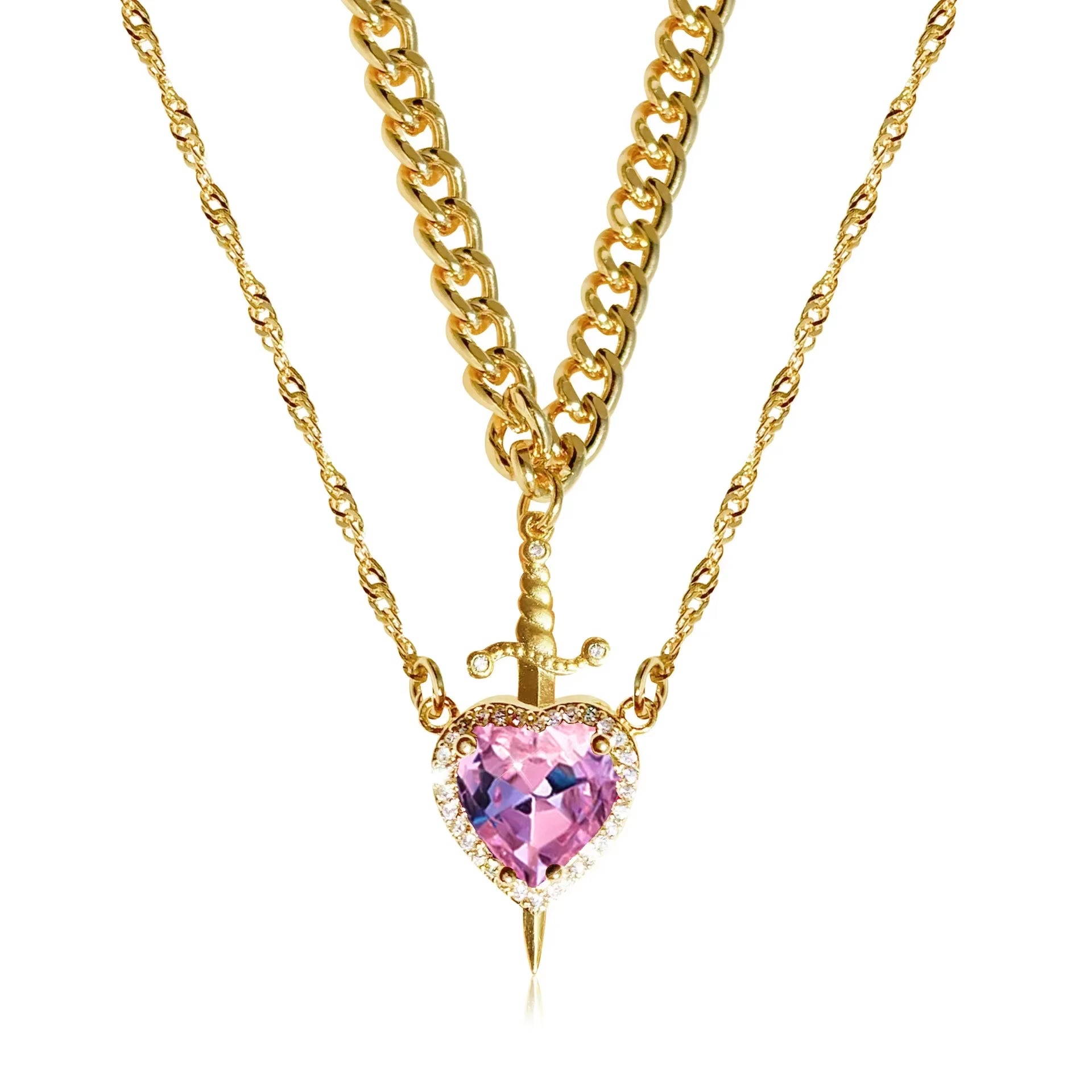2Pcs Can Be Assembled Heart and Sword Zircon Pendant Necklace for Women Men Couple Silver Gold Plated Choker Chain Jewelry