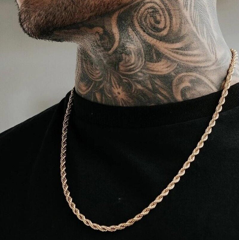 Long Chain Necklace 3MM 18Ct Gold Plated Stainless Steel 30” Inch Twisted Rope