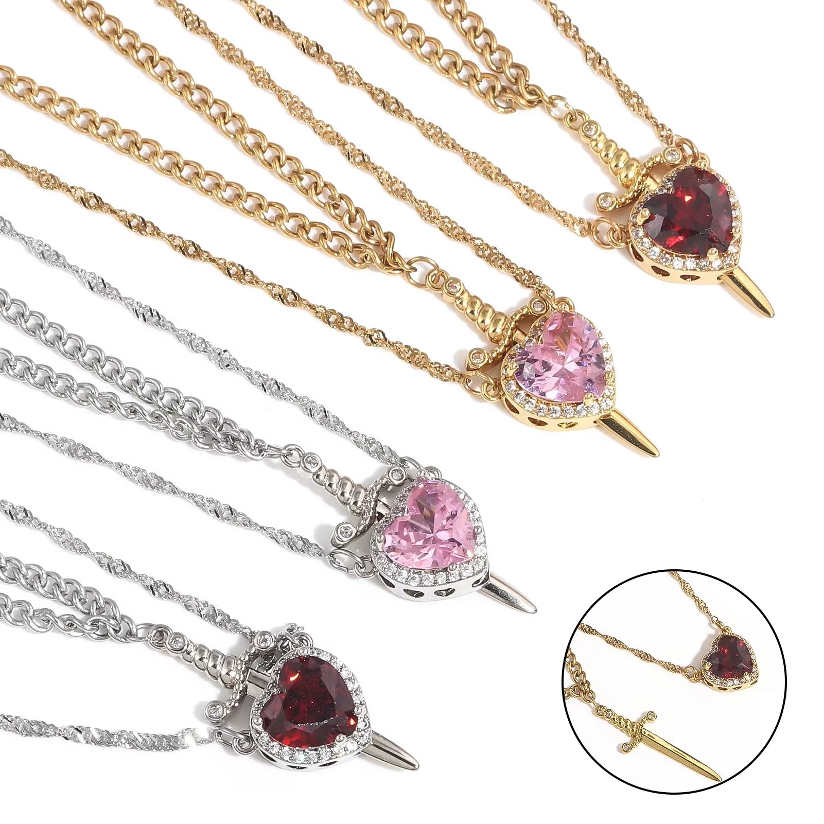2Pcs Can Be Assembled Heart and Sword Zircon Pendant Necklace for Women Men Couple Silver Gold Plated Choker Chain Jewelry
