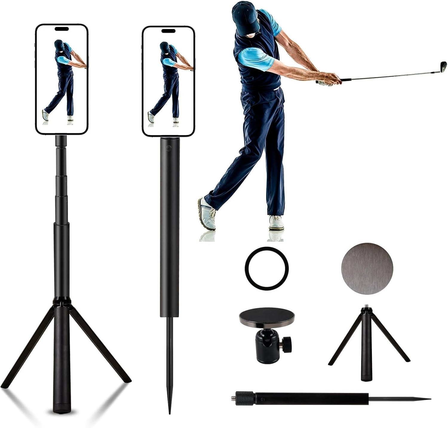 Golf Tripod & Monopod, Magnetic Swing Phone Holder 54" Adjustable Aluminum, Swing Training Aid Compatible with Magsafe Iphone Android Phones Camera Gopro