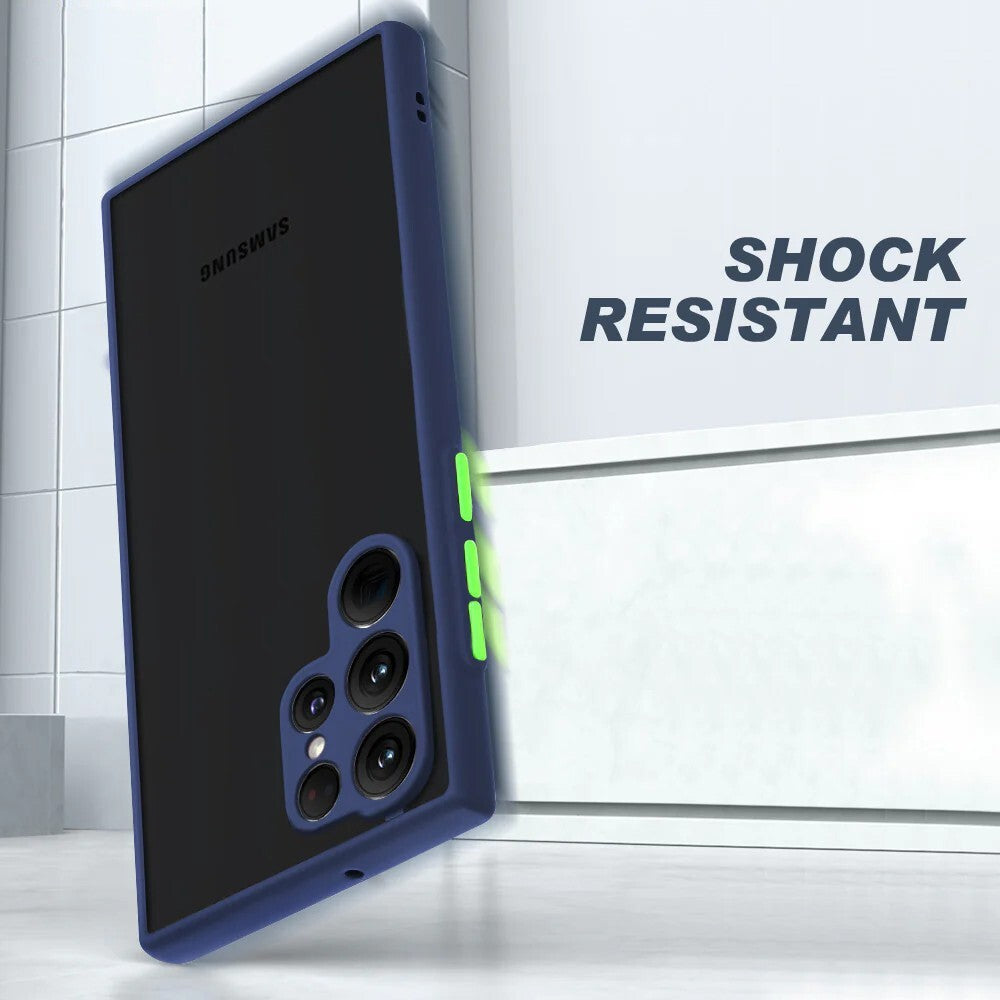 Comparison of Armor Phone Case for Samsung showing air cushion shock absorption and lens protection features.