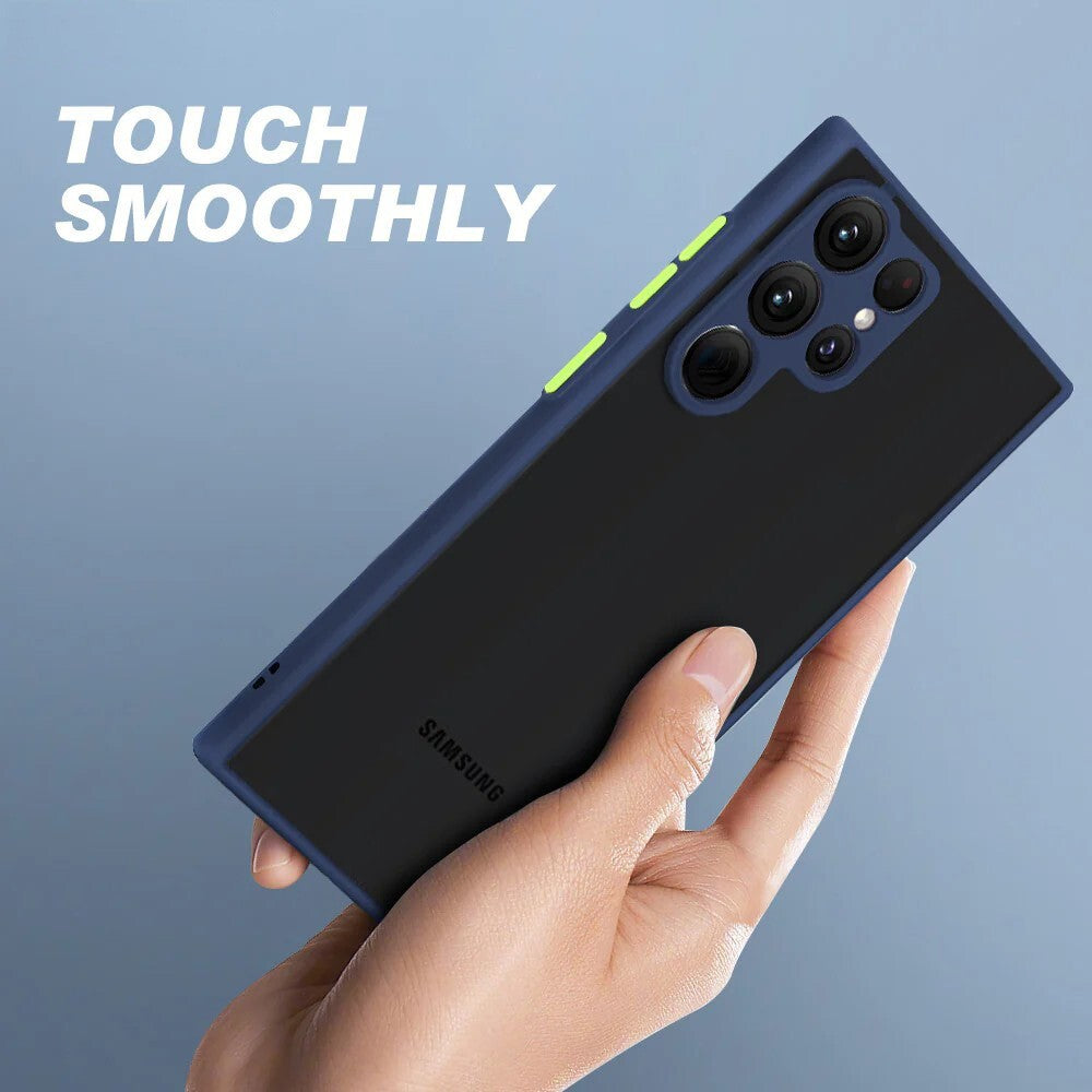 Comparison of Armor Phone Case for Samsung showing air cushion shock absorption and lens protection features.