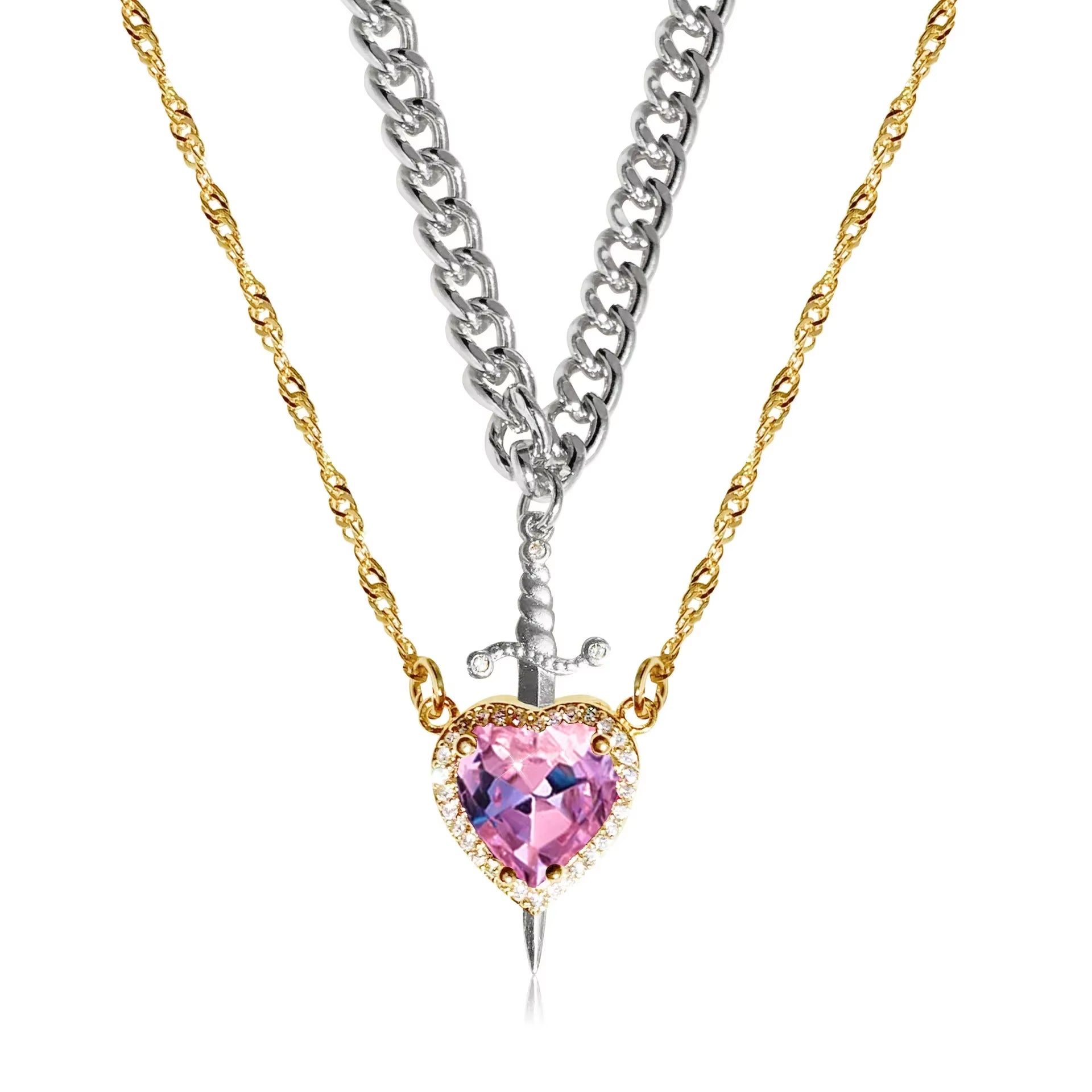 2Pcs Can Be Assembled Heart and Sword Zircon Pendant Necklace for Women Men Couple Silver Gold Plated Choker Chain Jewelry