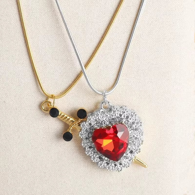2Pcs Can Be Assembled Heart and Sword Zircon Pendant Necklace for Women Men Couple Silver Gold Plated Choker Chain Jewelry