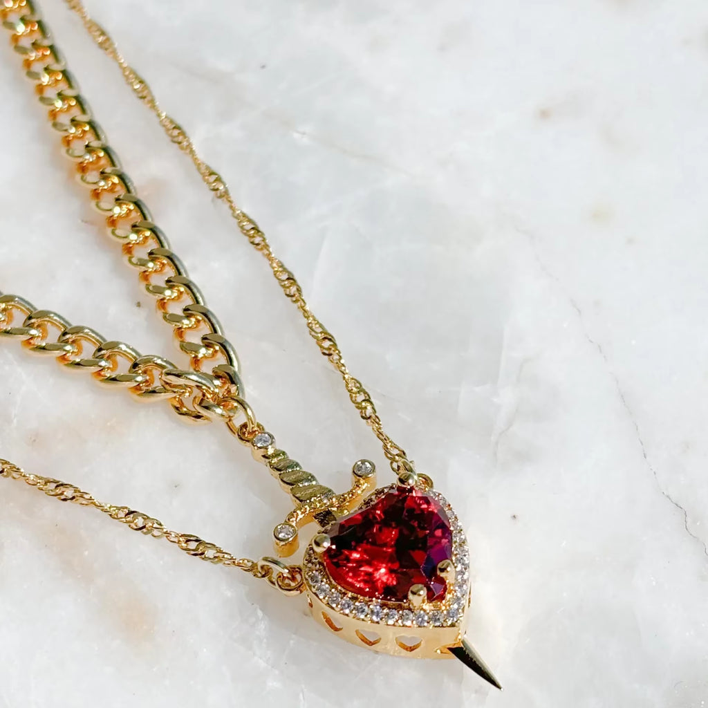 2Pcs Can Be Assembled Heart and Sword Zircon Pendant Necklace for Women Men Couple Silver Gold Plated Choker Chain Jewelry