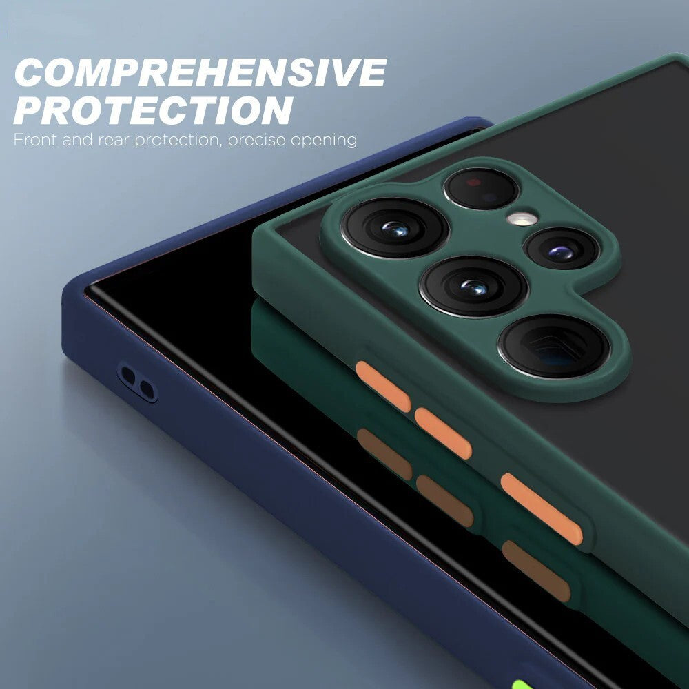 Comparison of Armor Phone Case for Samsung showing air cushion shock absorption and lens protection features.