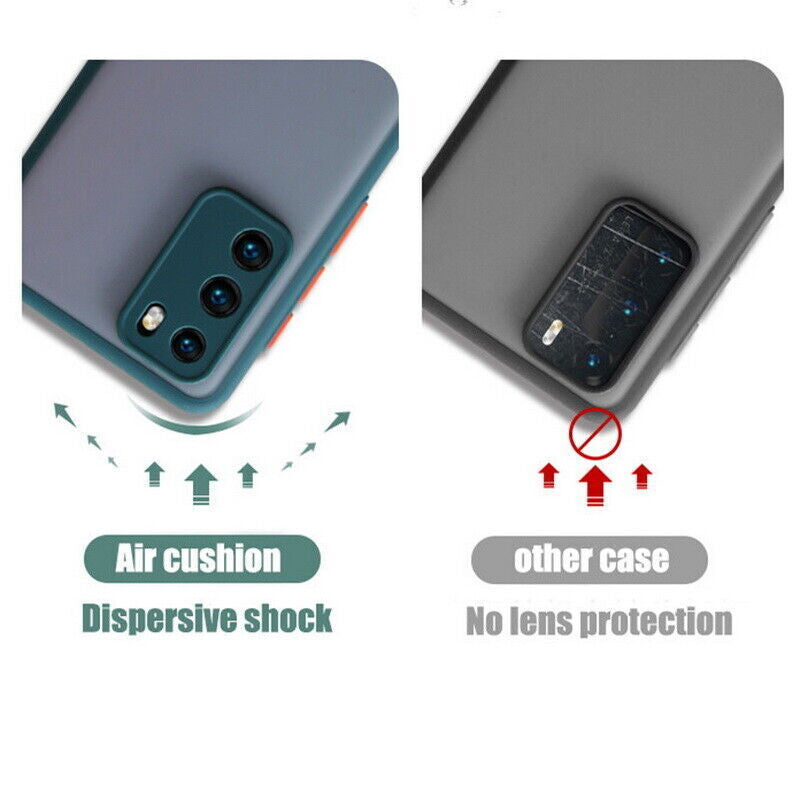 Comparison of Armor Phone Case for Samsung showing air cushion shock absorption and lens protection features.
