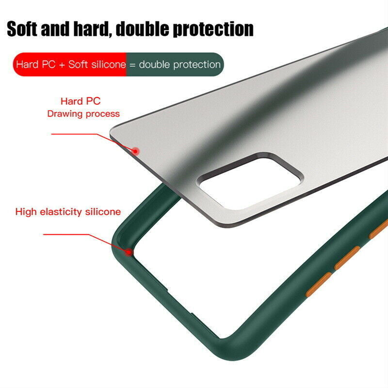 Soft and hard, double protection design of Armor Phone Case for Samsung showing hard PC and high elasticity silicone materials.