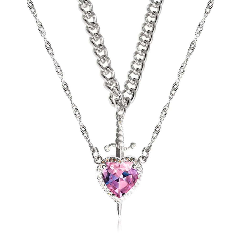 2Pcs Can Be Assembled Heart and Sword Zircon Pendant Necklace for Women Men Couple Silver Gold Plated Choker Chain Jewelry