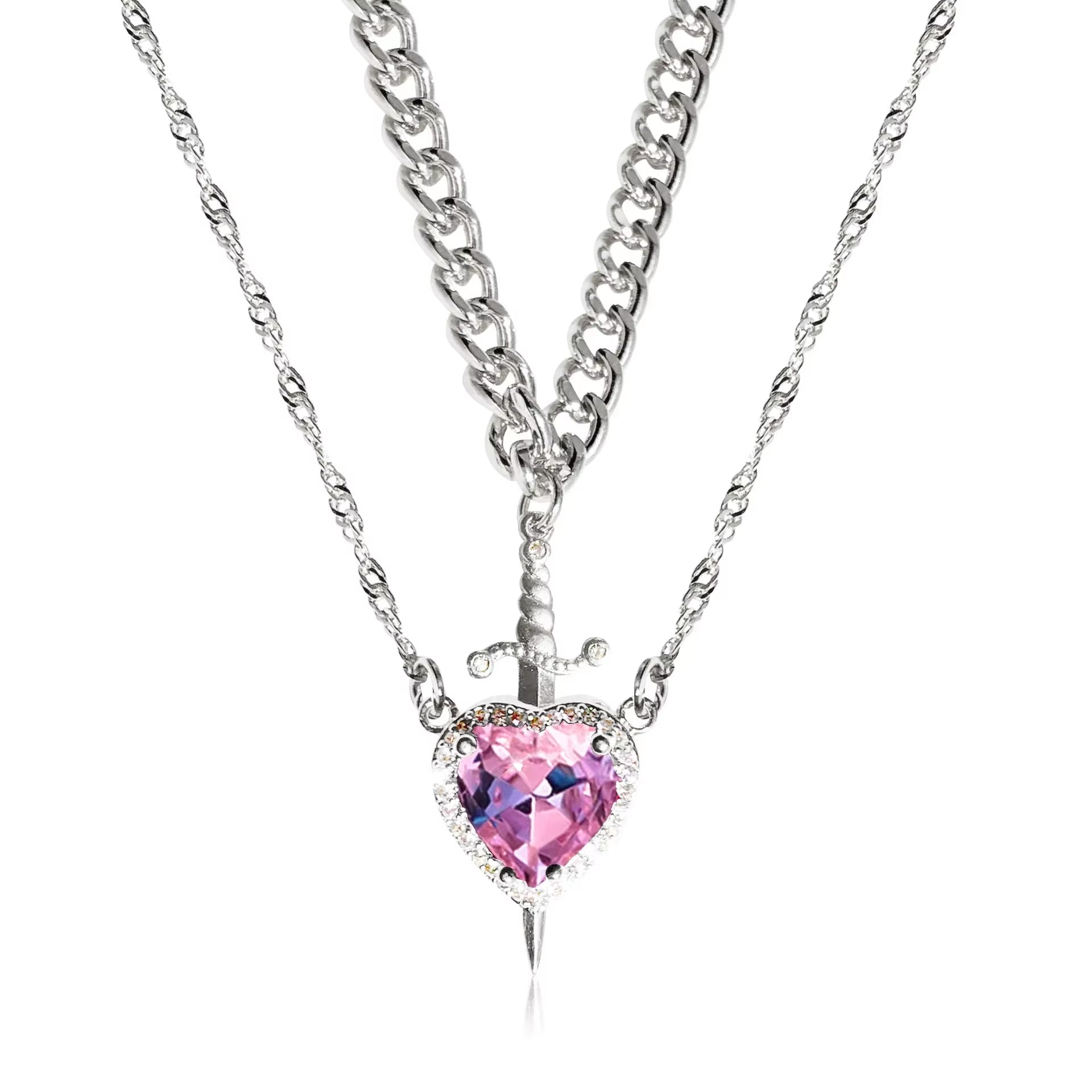 2Pcs Can Be Assembled Heart and Sword Zircon Pendant Necklace for Women Men Couple Silver Gold Plated Choker Chain Jewelry