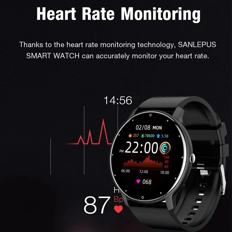 Heart Rate Monitoring displayed on Smart Watch for Android and iOS with heart rate and time readings.