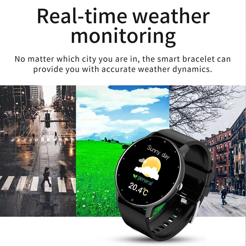 Smart Watch for Android and iOS displaying real-time weather monitoring features with urban and rural backgrounds.