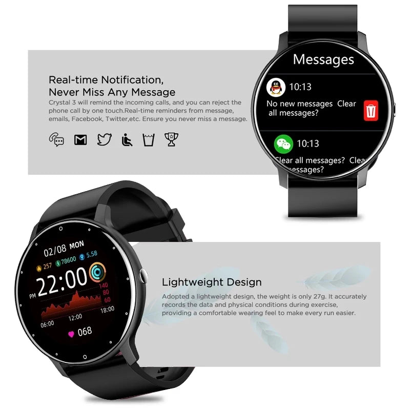 Smart Watch for Android and iOS showing real-time notifications and lightweight design features.