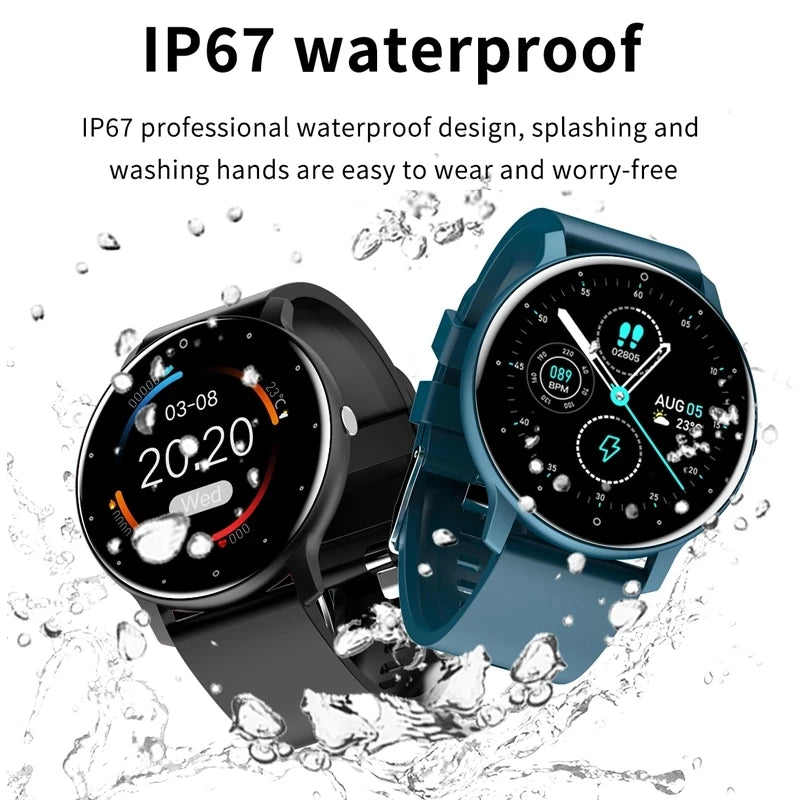 Smart Watch for Android and iOS showcasing IP67 waterproof design with stylish black and blue bands.