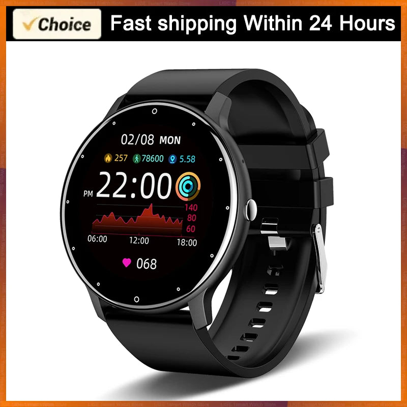 Smart Watch for Android and iOS displaying health metrics and time, waterproof fitness tracker for men and women.