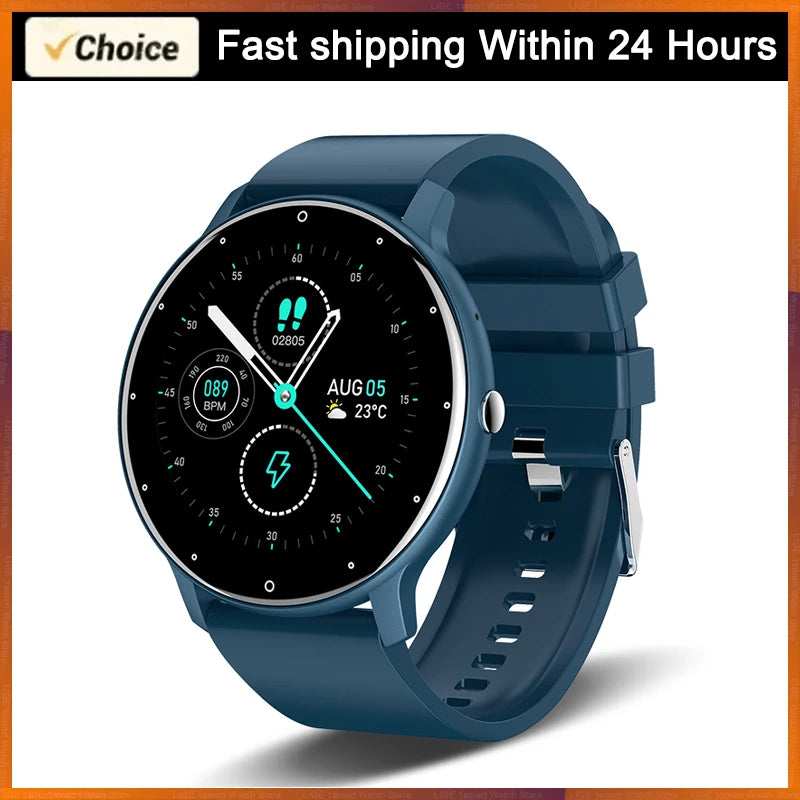 Smart Watch for Android and iOS with blue strap, stylish design, and fitness tracking features.