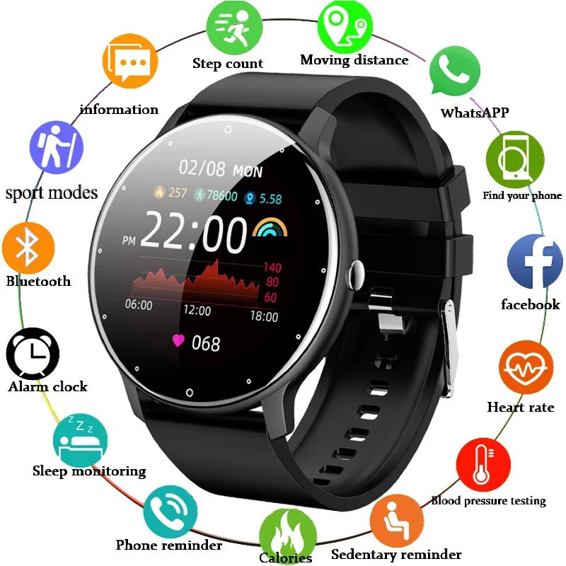 Smart Watch for Android and iOS showcasing fitness tracking features like step count, heart rate, and Bluetooth connectivity.