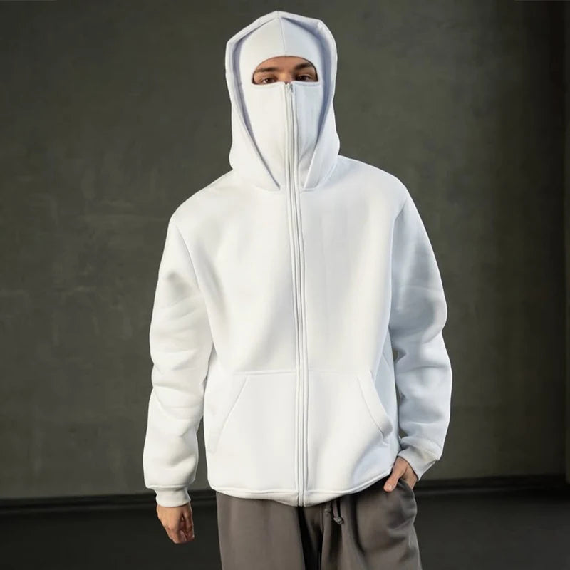 Men'S Double Hat Mask Zipper Design Winter Windproof Hoodie Sports Jacket Outdoor Activities Hiking Travel Running Sweatshirt ﻿