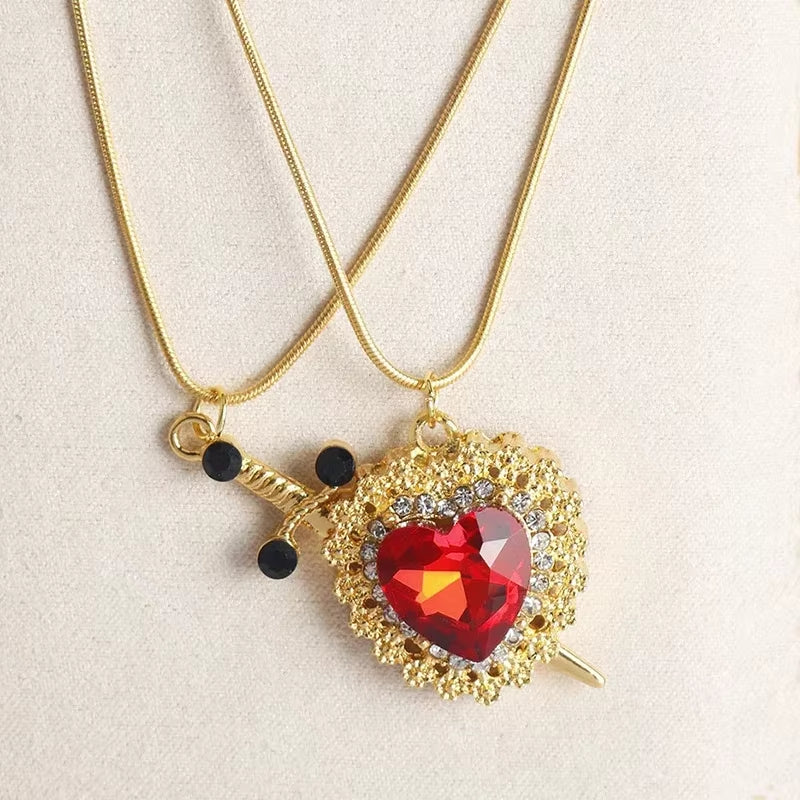2Pcs Can Be Assembled Heart and Sword Zircon Pendant Necklace for Women Men Couple Silver Gold Plated Choker Chain Jewelry