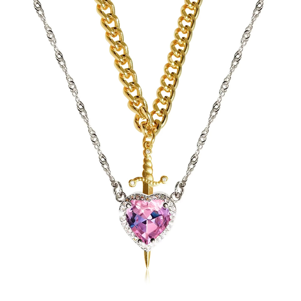 2Pcs Can Be Assembled Heart and Sword Zircon Pendant Necklace for Women Men Couple Silver Gold Plated Choker Chain Jewelry