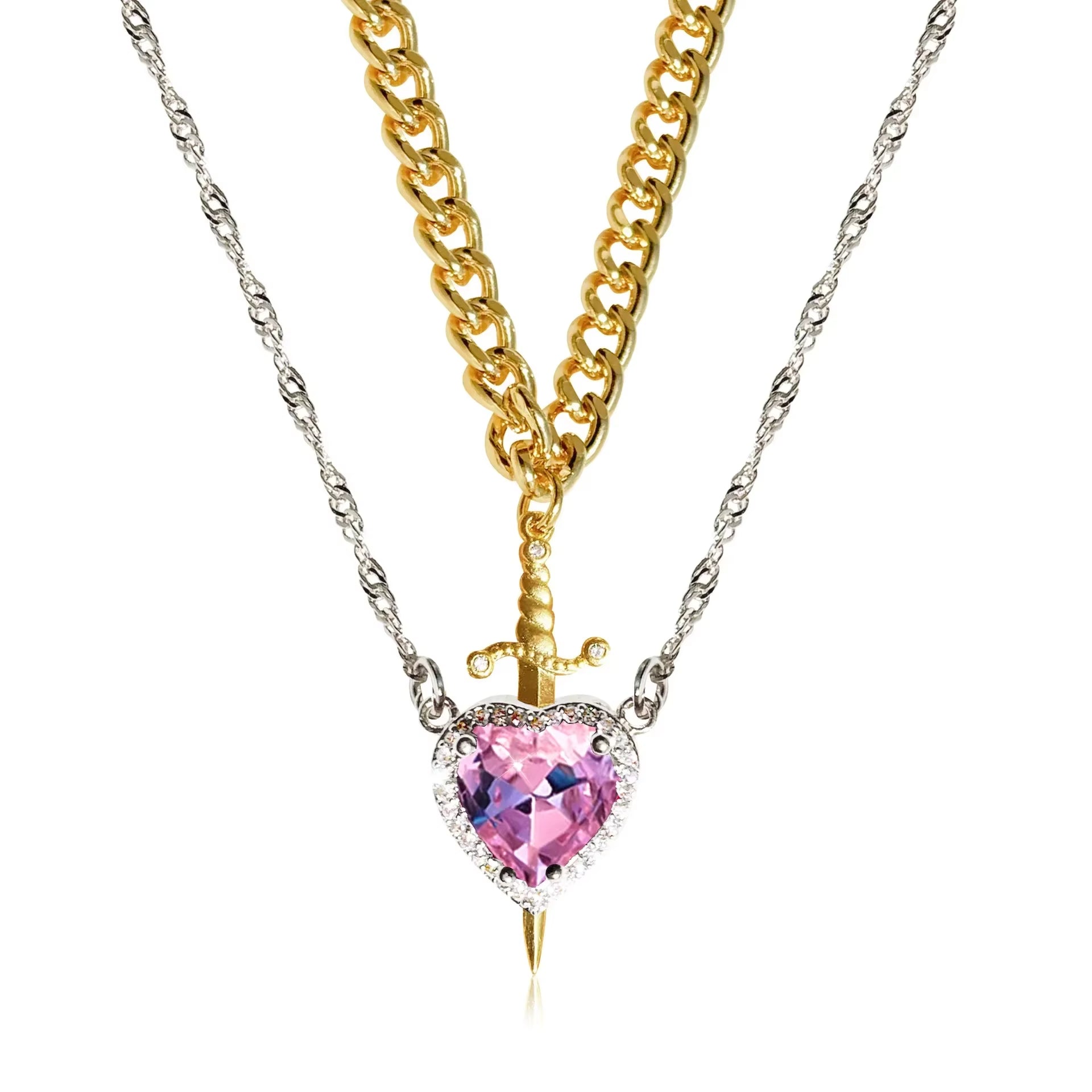 2Pcs Can Be Assembled Heart and Sword Zircon Pendant Necklace for Women Men Couple Silver Gold Plated Choker Chain Jewelry