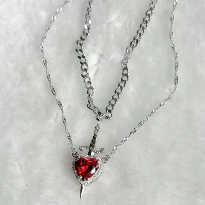 2Pcs Can Be Assembled Heart and Sword Zircon Pendant Necklace for Women Men Couple Silver Gold Plated Choker Chain Jewelry