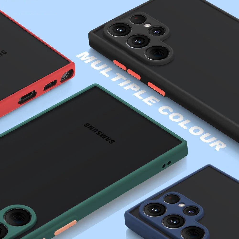 Comparison of Armor Phone Case for Samsung showing air cushion shock absorption and lens protection features.